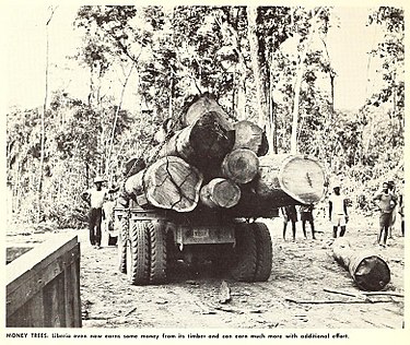 Loggers and logging truck, early 1960s U.S.DOC(1965) Liberia. Money Trees.jpg