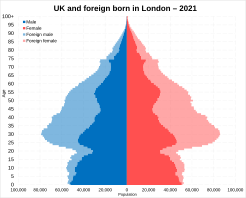 UK born and foreign born population pyramid in London in 2021. Males and females representing the UK born population whileforeign males and females representing the foreign born population. UK born and foreign born population pyramid in London in 2021.svg