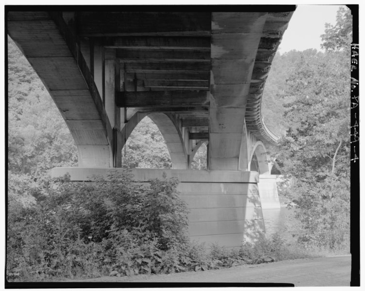 File:UNDERSIDE FROM EAST. - Narrows Bridge, Spanning Raystown Branch of Juniata River at Lincoln Hwighway (U.S. Route 30), Bedford, Bedford County, PA HAER PA,5-BED.V,1-4.tif