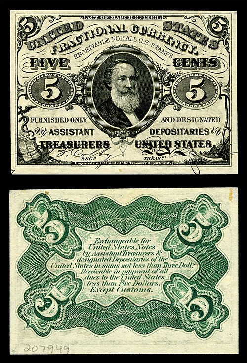 Spencer M. Clark, Supervisor of the Currency Bureau, placed his own likeness on the five-cent U.S. Fractional currency note, leading directly to legislation prohibiting the depiction of any living person on U.S. currency.