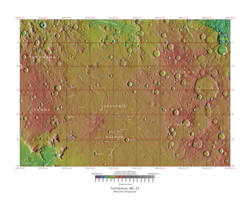 Licus Vallis v pravém horním rohu výškové mapy Mare Tyrrhenum