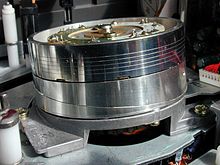 The head drum of a Hi-Fi NTSC VHS VCR; three of the six heads face the reader. The helical path of the tape around the drum can clearly be seen. VHS head drum 1.jpg