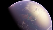 Artist's impression of Earth in the early Archean with a purplish hydrosphere and coastal regions Vaalbara Continent.jpg