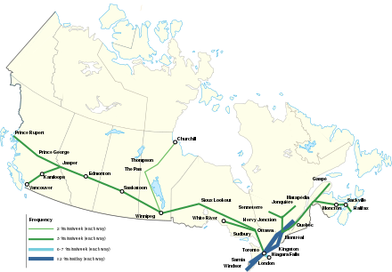 A map of Via Rail routes, showing the frequency of Via trains on it
