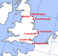 Карта Англии, на которой отмечены города, подвергшиеся бомбардировкам во время войны. Все на востоке.
