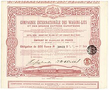 Bond of the Comp. Internationale des Wagon-Lits et des Grands Express Europeens S.A., issued 1. October 1919 Wagons-Lits 1919.jpg