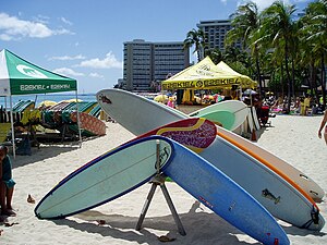 A stack of boards in Waikiki during a surf competition. WaikikiSurfboards.JPG