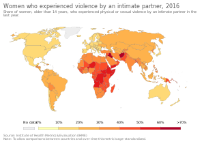 World map for Indicator 5.2.1 in 2016 - Share of women, older than 14 years, who experienced physical or sexual violence by an intimate partner in the last year Women who experienced violence by an intimate partner, OWID.svg