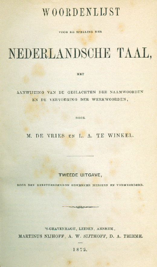 Titelpagina Woordenlijst voor de Spelling der Nederlandsche Taal (1872)