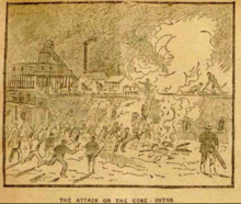 Workers attack the coke ovens to stop work at the mines during the strike Workers attack Frick coal mine 1891.png