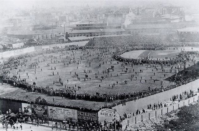 An overflow crowd at the Huntington Avenue Grounds in Boston prior to Game 3 of the 1903 World Series