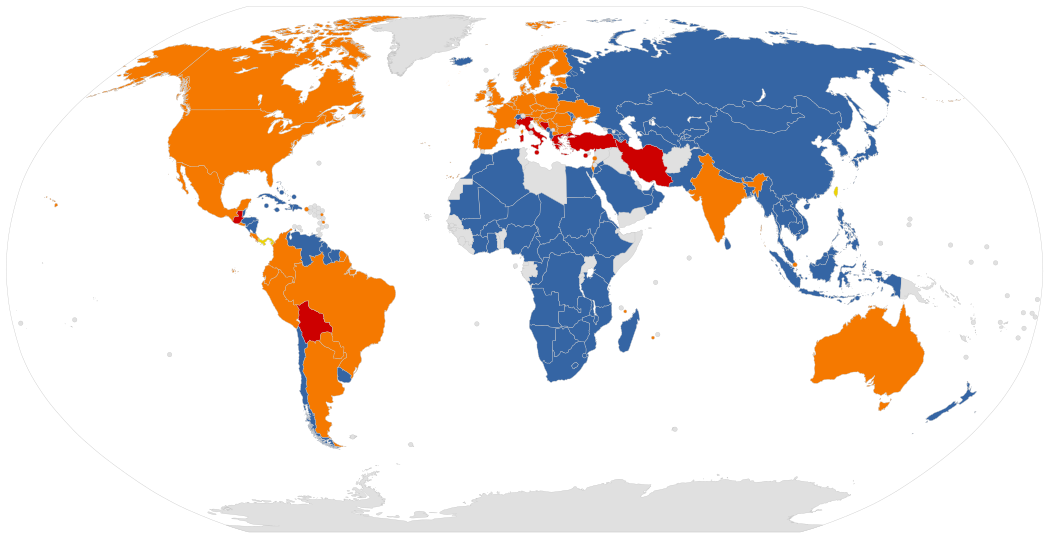 v
t
e
Worldwide laws on animal use in circuses
Nationwide ban
Partial ban
Ban on import/export
No ban
Unknown
.mw-parser-output .reflist{font-size:90%;margin-bottom:0.5em;list-style-type:decimal}.mw-parser-output .reflist .references{font-size:100%;margin-bottom:0;list-style-type:inherit}.mw-parser-output .reflist-columns-2{column-width:30em}.mw-parser-output .reflist-columns-3{column-width:25em}.mw-parser-output .reflist-columns{margin-top:0.3em}.mw-parser-output .reflist-columns ol{margin-top:0}.mw-parser-output .reflist-columns li{page-break-inside:avoid;break-inside:avoid-column}.mw-parser-output .reflist-upper-alpha{list-style-type:upper-alpha}.mw-parser-output .reflist-upper-roman{list-style-type:upper-roman}.mw-parser-output .reflist-lower-alpha{list-style-type:lower-alpha}.mw-parser-output .reflist-lower-greek{list-style-type:lower-greek}.mw-parser-output .reflist-lower-roman{list-style-type:lower-roman}
| certain animals are excluded or the laws vary internally World circus bans.svg