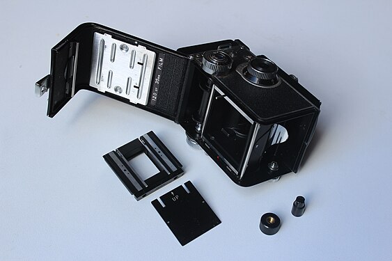 Yashica 635 TLR camera with 35 mm kit awaiting assembly