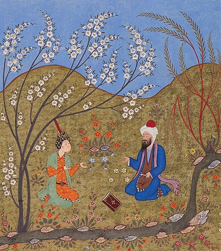 A Persian miniature depicting the medieval saint and mystic Ahmad Ghazali (d. 1123), brother of the famous Abu Hamid al-Ghazali (d. 1111), talking to a disciple, from the Meetings of the Lovers (1552)