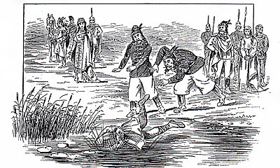 Illustration of Caslav being thrown into the Sava by the Hungarians (19th century) Veliki zhupan Chaslav bachen u Savu (oko 950. godine).jpg