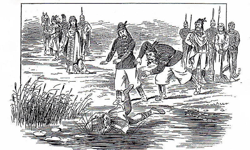 Illustration of Časlav being thrown into the Sava by the Hungarians (19th century)