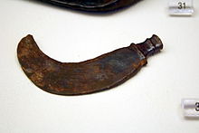 Ancient Greek iron sickle, Kerameikos Archaeological Museum, Athens. 1255 - Keramikos Museum, Athens - Iron tool - Photo by Giovanni Dall'Orto, Nov 12 2009.jpg