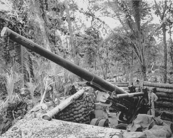 155 mm Long Tom gun "Scorpion" of the 4th Marine Defense Battalion at Barakoma Airfield on Vella Lavella in the South Pacific.