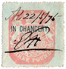 An 1875 PS3 chancery revenue stamp of the United Kingdom 1875 PS3 chancery stamp.jpg