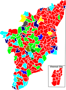 Election map of results based on parties. Colours are based on the results table on the left 1989 tamil nadu legislative election map by parties.png