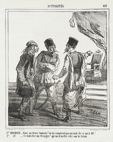 File:1er Moldave -Voici un brave homme! On ne comprend pas un mot de ce qu'il dit! 2e Moldave -Ce doit etre un etranger! Qu'on le mette vite sur le trone. LACMA M.76.132.36.jpg