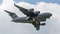 A US Air Force C-17 Globemaster III, tail 00-0171, on final approach to Kadena Air Base in Okinawa, Japan. It is assigned to the 176th Wing of the Alaska Air National Guard, and is originally from Joint Base Elmendorf–Richardson in Anchorage, Alaska.