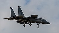 A US Air Force F-15C Eagle, tail number 85-0114, on final approach at Kadena Air Base in Okinawa, Japan.