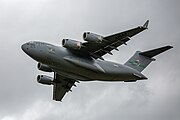 A Boeing C-17 Globemaster III, tail number 95-0103, taking off from RAF Mildenhall in the United Kingdom. It is assigned to the 62nd Airlift Wing and the 446th Airlift Wing at Joint Base Lewis McChord in Washington, USA.