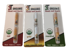 3T Organic red, gold and menthol bubble-packs containing stick-like products.