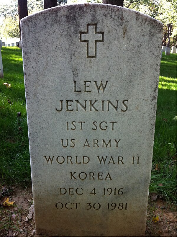 Lew Jenkins's headstone at Arlington National Cemetery, Virginia.