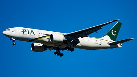 A Boeing 777-200LR in the livery of its first operator, Pakistan International Airlines