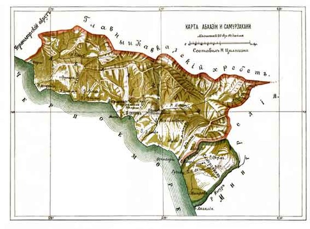 The borders of the Sukhumi District of the Kutaisi Governorate in 1899 when Abkhazia was part of the Russian Empire.
