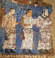 Ambassadors from Chaganian (central figure, inscription of the neck), and Chach (modern Tashkent) to king Varkhuman of Samarkand. 648-651 CE, Afrasiyab Museum, Samarkand, Uzbekistan.jpg