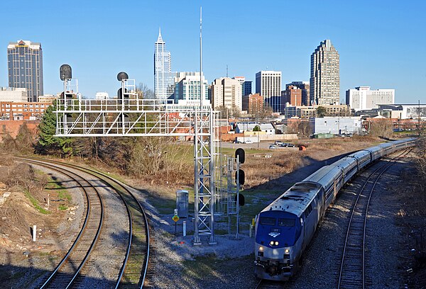 The Carolinian departing the old Raleigh Amtrak station in 2014; a new station was built and opened in 2018