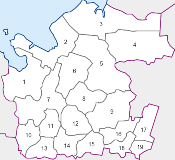 Administrative districts of Arkhangelsk Oblast. The numbers denote the following districts: 1- Onezhsky, 2 - Primorsky, 3 - Mezensky, 4 - Leshukonsky, 5 - Pinezhsky, 6 - Kholmogorsky, 7 - Plesetsky, 8 - Vinogradovsky, 9 - Verkhnetoyemsky, 10 - Kargopolsky, 11 - Nyandomsky, 12 - Shenkursky, 13 - Konoshsky, 14 - Velsky, 15 - Ustyansky, 16 - Krasnoborsky, 17 - Lensky, 18 - Kotlassky, 19 - Vilegodsky. Solovetsky District is shown as an unnumbered island. Novaya Zemlya District is not shown. Arh.location.map.numbered.png