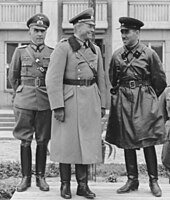 Joint Wehrmacht and Red Army parade in Brest at end of invasion of Poland. Center: Maj. Gen. Heinz Guderian. Right: Brig. Semyon Krivoshein. Armia Czerwona, Wehrmacht 22.09.1939 wspolna parada.jpg