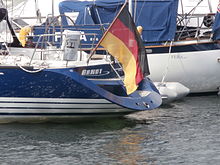 Ensigns are flown on boats to indicate the country of registration of the boat. Arndt Flag Tallinn 31 July 2014.JPG