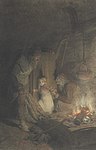 Åke och Grima finner Aslög, kol och krita på papper. Förlaga till illustrationen i "Sagan om Ragnar Lodbrok och hans söner", utkommen 1880.