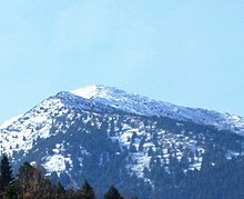 Baba Mountain with its peak Pelister (2,601 metres) in the backdrop. View from the house of Tale Ognenovski, Peak Pelister was inspiration for Tale Ognenovski for composing his instrumental composition “Pelistersko oro” in 1963.