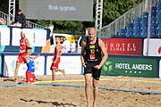 Deutsch: Beachhandball Europameisterschaften 2019 (Beach handball Euro); Tag 1: 2. Juli 2019 – Männer, Vorrunde Gruppe D, Polen-Schweden 2:1 (18:10, 15:9; 8:6) English: Beach handball Euro; Day 1: 2 July 2019 – Men Preliminary Round Group D – Poland-Sweden 2:1 (18:10, 15:9; 8:6)