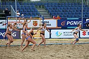 Deutsch: Beachhandball Europameisterschaften 2019 (Beach handball Euro); Tag 5: 6. Juli 2019 – Frauen, Halbfinale, Ungarn-Niederlande 2:0 (19:16, 15:12) English: Beach handball Euro; Day 5: 6 July 2019 – Semifinal Women – Hungary-Netherlands 2:0 (19:16, 15:12)