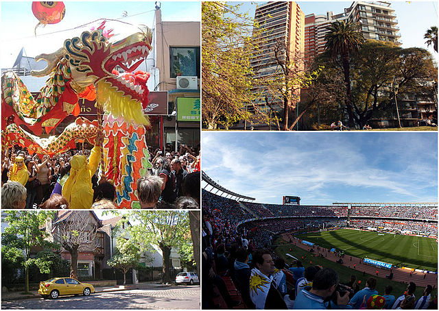 Clockwise from top: Chinese New Year celebrations in Chinatown, Barrancas de Belgrano, a typical residential street in Belgrano R and River Plate Stad