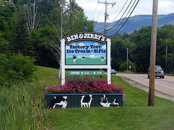 A sign leading to Ben & Jerry's Ice Cream factory in Waterbury