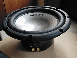 12-inch (30 cm) subwoofer driver (loudspeaker). A driver is commonly installed in an enclosure (often a wooden cabinet) to prevent the sound waves coming off the back of the driver diaphragm from canceling out the sound waves being generated from the front of the subwoofer. Bravox E2k.jpg