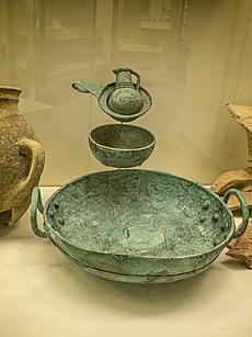 Bronze Wine strainer, juglet, drinking bowl, mixing bowl Tell es-Sa'idiyeh Tomb 101 Late Bronze IIB 1300-1200 BCE Penn Museum.jpg