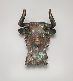 Bull's head ornament from a lyre; 2600–2350 BC; bronze inlaid with shell and lapis lazuli; height: 13.3 cm, width: 10.5 cm; Metropolitan Museum of Art