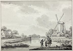 Noorderhoogebrug buiten de (Nieuwe) Ebbingepoort door Jan Bulthuis in 1773. Rechts de koren- en pelmolen De Hoogebrug uit 1711, die in 1842 afbrandde. De Wilhelmina is de derde molen op deze plek.