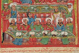 Banquete bizantino amenizado con músicos que tocan distintos instrumentos (1204–1453).