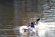 Deutsch: Kanusport bei den Olympischen Jugendspielen 2018; Tag 10, 16. Oktober 2018; Finale Jungen Einer-Kajak-Slalom: Lan Tominc (Slowenien, Gold) - Guan Changheng (China, Silber) - Tom Bouchardon (Frankreich, Bronze) English: Canoeing at the 2018 Summer Youth Olympics at 16 October 2018 – Boys' K1 slalom Gold Medal Race: Lan Tominc (Slovenia, gold) - Guan Changheng (China, silver) - Tom Bouchardon (France, bronze)