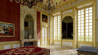 Essai de restitution de la chambre de Monseigneur, au sein du Grand Appartement du rez-de-chaussée de l'aile est du château-vieux de Meudon. Vers 1700-1711.
